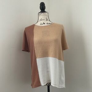 BKE Colorblock Waffle Knit T Shirt‎ Top Beige Brown White Size S